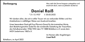 Traueranzeige von Daniel Raiß von vrm-trauer Groß-Gerauer Echo