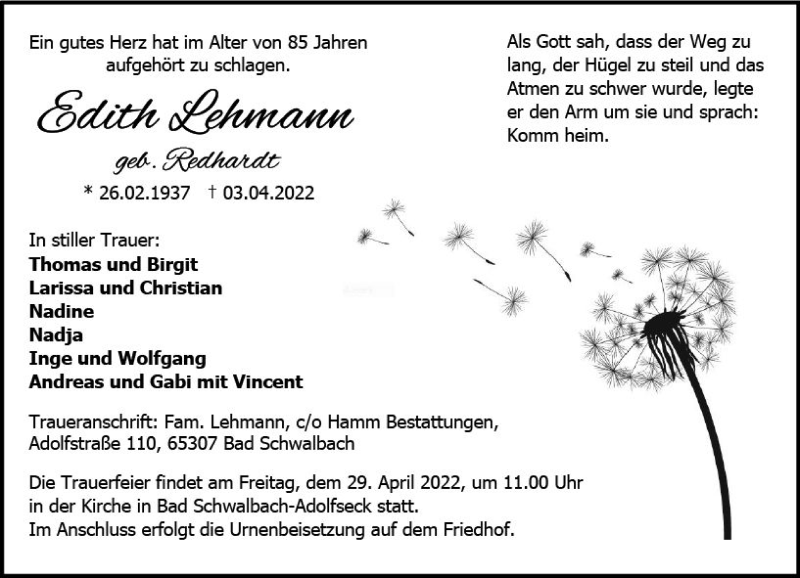  Traueranzeige für Edith Lehmann vom 23.04.2022 aus vrm-trauer WK-UTA