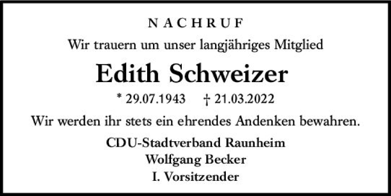  Traueranzeige für Edith Schweizer vom 09.04.2022 aus vrm-trauer Rüsselsheimer Echo / MainSpitze