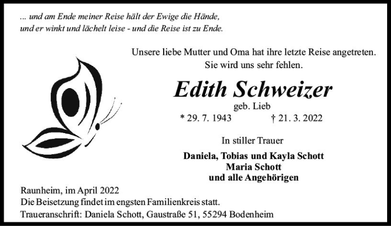  Traueranzeige für Edith Schweizer vom 02.04.2022 aus vrm-trauer Rüsselsheimer Echo / MainSpitze