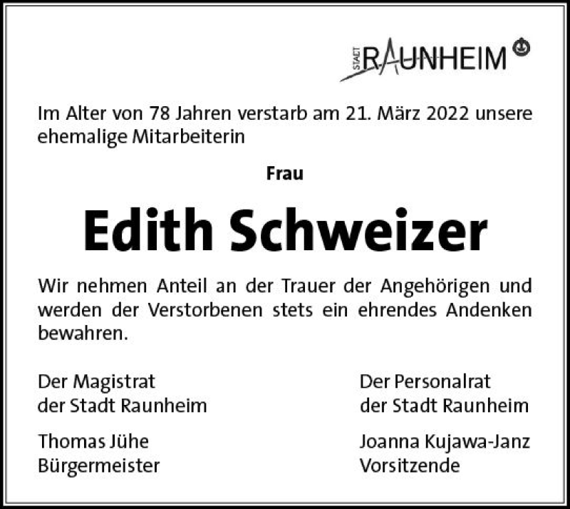  Traueranzeige für Edith Schweizer vom 06.04.2022 aus vrm-trauer Rüsselsheimer Echo / MainSpitze