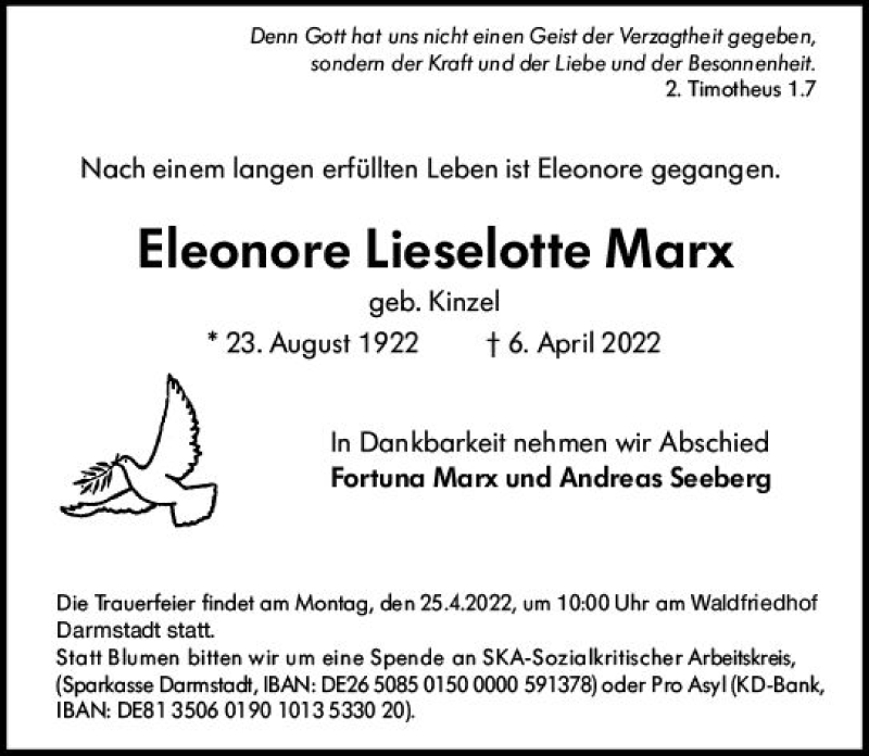  Traueranzeige für Eleonore Lieselotte Marx vom 16.04.2022 aus vrm-trauer Darmstädter Echo