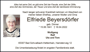 Traueranzeige von Elfriede Beyersdörfer von vrm-trauer Wiesbadener Kurier