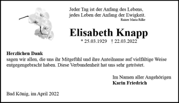 Traueranzeige von Elisabeth Knapp von vrm-trauer Odenwälder Echo