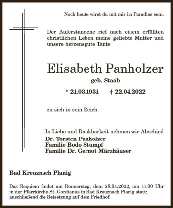 Traueranzeige von Elisabeth Panholzer von vrm-trauer Allg. Zeitung Bad Kreuznach
