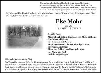 Traueranzeige von Else Mohr von vrm-trauer Allgemeine Zeitung Alzey