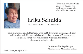 Traueranzeige von Erika Schulda von vrm-trauer Groß-Gerauer Echo