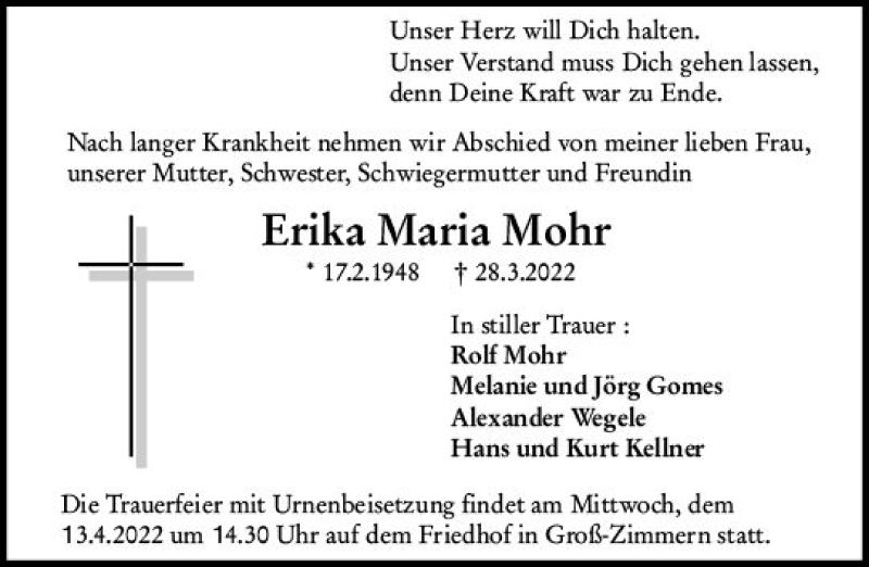  Traueranzeige für Erika Maria Mohr vom 09.04.2022 aus vrm-trauer DieburgerAnzeiger/Groß-Zimmerner Lokala