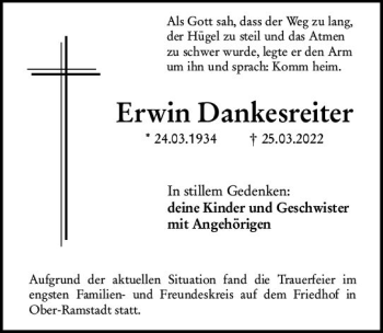 Traueranzeige von Erwin Dankesreiter von vrm-trauer Darmstädter Echo