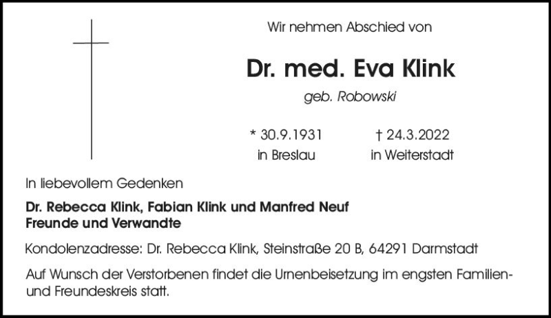  Traueranzeige für Eva Klink vom 09.04.2022 aus vrm-trauer Darmstädter Echo