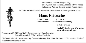 Traueranzeige von Hans Fritzsche von vrm-trauer AZ Mainz