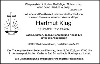 Traueranzeige von Hartmut Klug von vrm-trauer Wiesbadener Kurier