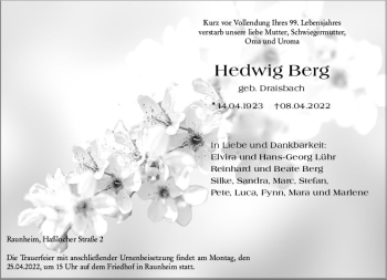 Traueranzeige von Hedwig Berg von vrm-trauer Rüsselsheimer Echo / MainSpitze