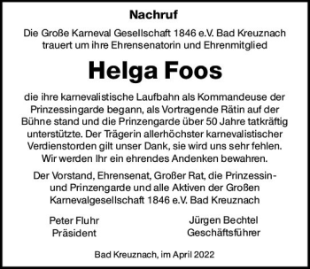 Traueranzeige von Helga Foos von vrm-trauer Allg. Zeitung Bad Kreuznach
