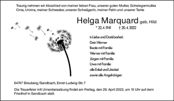 Traueranzeige von Helga Marquard von vrm-trauer Odenwälder Echo