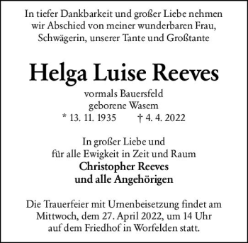 Traueranzeige von Helga Luise Reeves von vrm-trauer Groß-Gerauer Echo