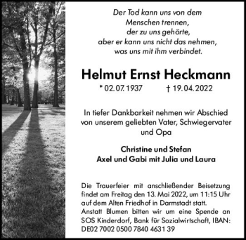 Traueranzeige von Helmut Ernst Heckmann von vrm-trauer Darmstädter Echo
