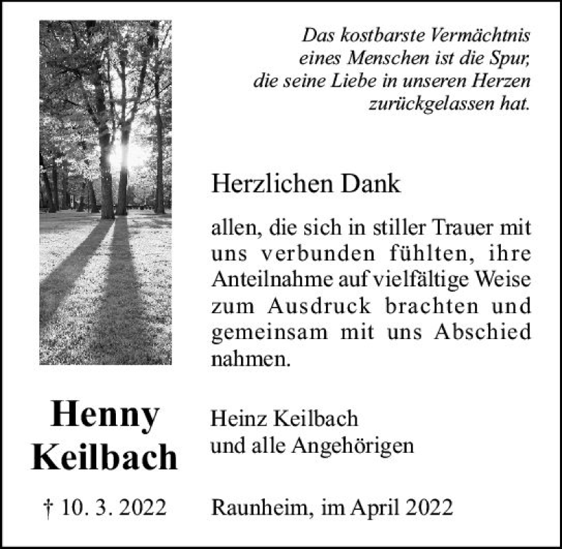 Traueranzeige für Henny Keilbach vom 16.04.2022 aus vrm-trauer Rüsselsheimer Echo / MainSpitze