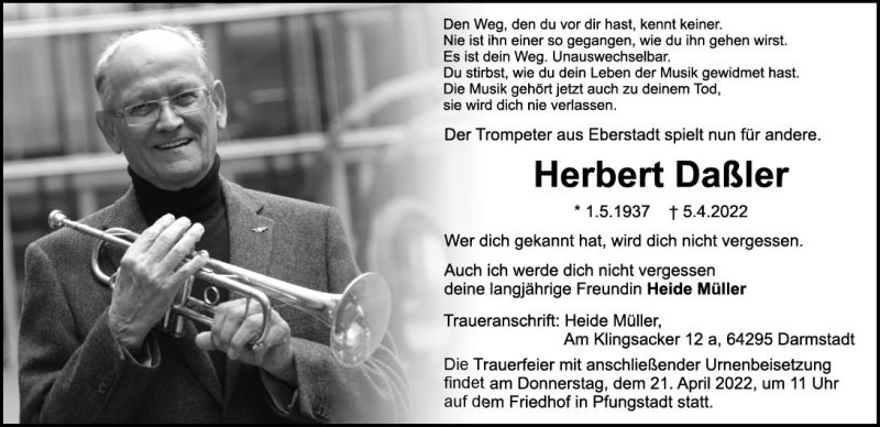  Traueranzeige für Herbert Daßler vom 16.04.2022 aus vrm-trauer Darmstädter Echo