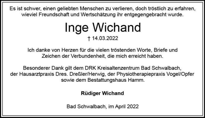  Traueranzeige für Inge Wichand vom 02.04.2022 aus vrm-trauer WK-UTA