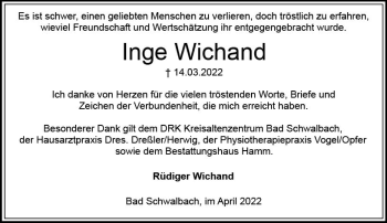 Traueranzeige von Inge Wichand von vrm-trauer WK-UTA