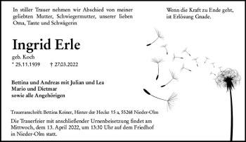 Traueranzeige von Ingrid Erle von vrm-trauer AZ Mainz