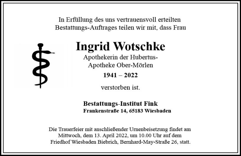  Traueranzeige für Ingrid Wotschke vom 09.04.2022 aus vrm-trauer Wiesbadener Kurier