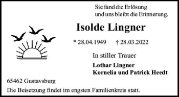 Traueranzeige von Isolde Lingner von vrm-trauer AZ Mainz