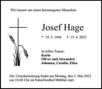 Traueranzeige von Josef Hage von vrm-trauer Darmstädter Echo