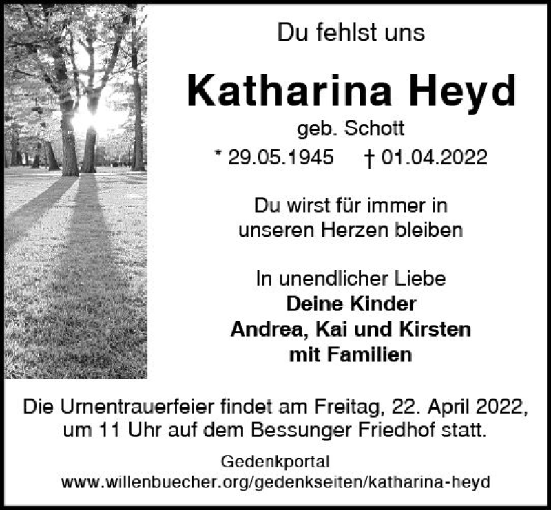  Traueranzeige für Katharina Heyd vom 09.04.2022 aus vrm-trauer Darmstädter Echo