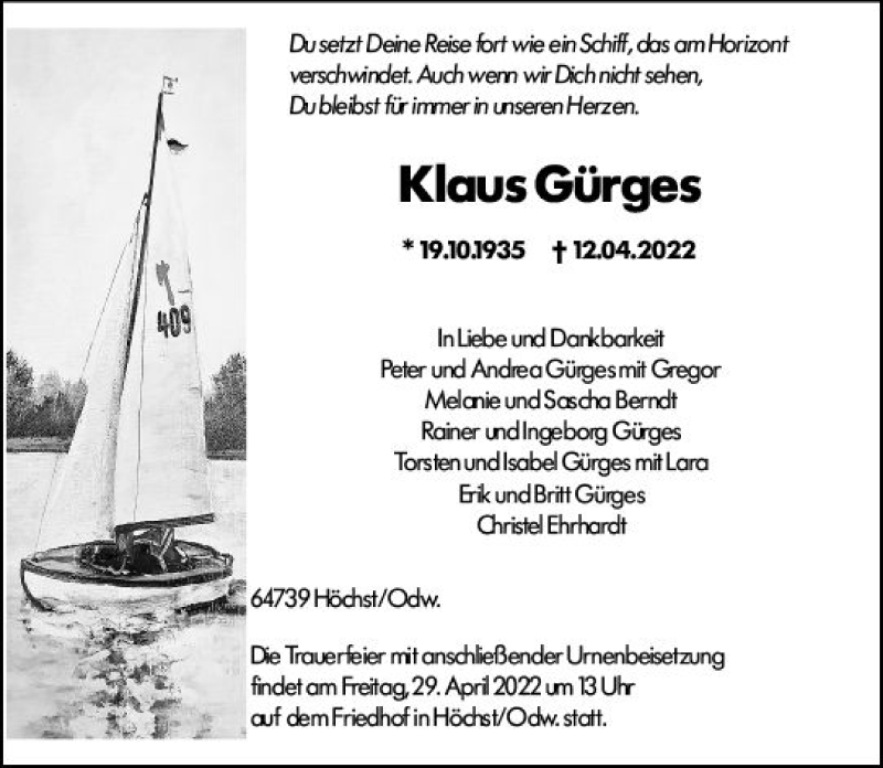  Traueranzeige für Klaus Gürges vom 23.04.2022 aus vrm-trauer Odenwälder Echo