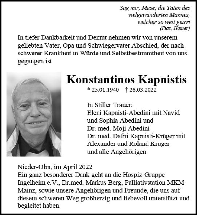  Traueranzeige für Konstantinos Kapnistis vom 02.04.2022 aus vrm-trauer AZ Mainz