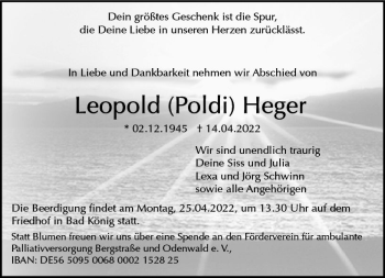 Traueranzeige von Leopold Heger von vrm-trauer Odenwälder Echo