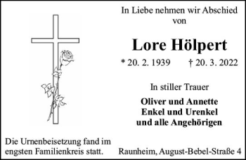 Traueranzeige von Lore Hölpert von vrm-trauer Rüsselsheimer Echo / MainSpitze