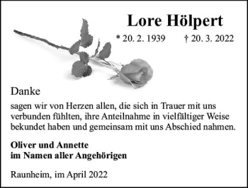 Traueranzeige von Lore Hölpert von vrm-trauer Rüsselsheimer Echo / MainSpitze