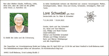 Traueranzeige von Lore Schwebel von vrm-trauer Darmstädter Echo