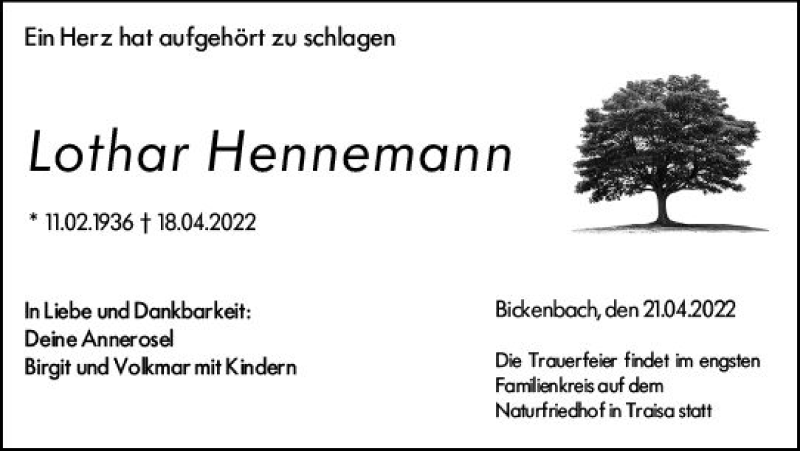  Traueranzeige für Lothar Hennemann vom 23.04.2022 aus vrm-trauer Darmstädter Echo