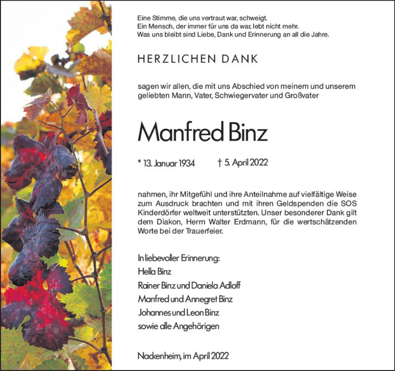  Traueranzeige für Manfred Binz vom 30.04.2022 aus vrm-trauer AZ Mainz