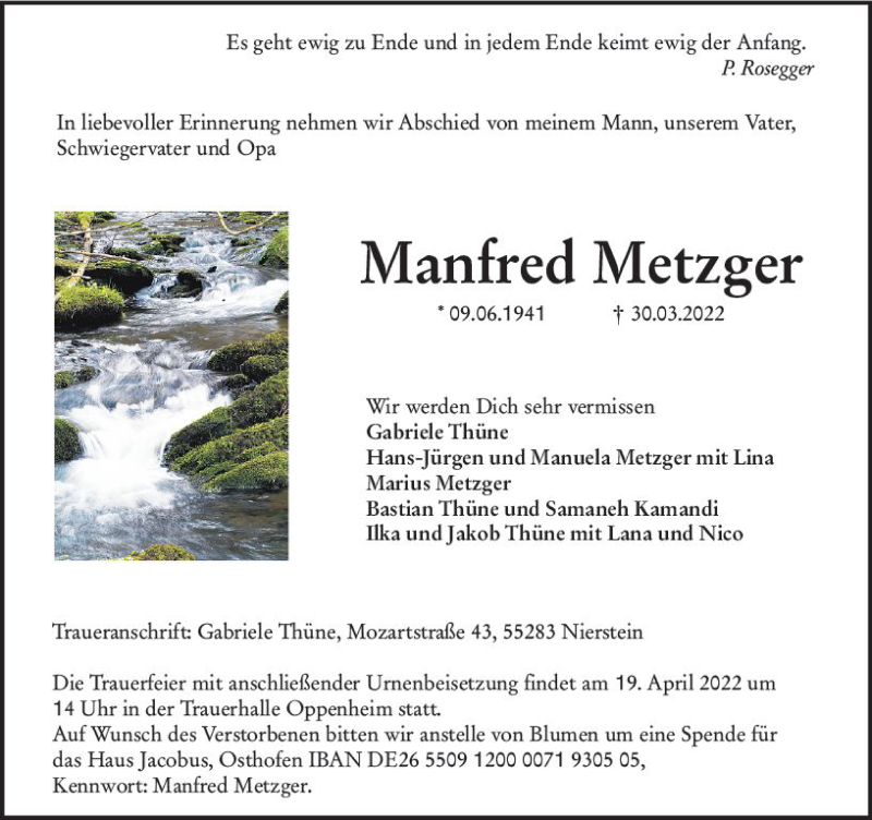  Traueranzeige für Manfred Metzger vom 09.04.2022 aus vrm-trauer AZ Mainz