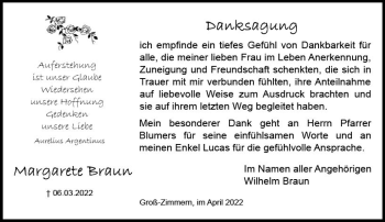 Traueranzeige von Margarete Braun von vrm-trauer DieburgerAnzeiger/Groß-Zimmerner Lokala
