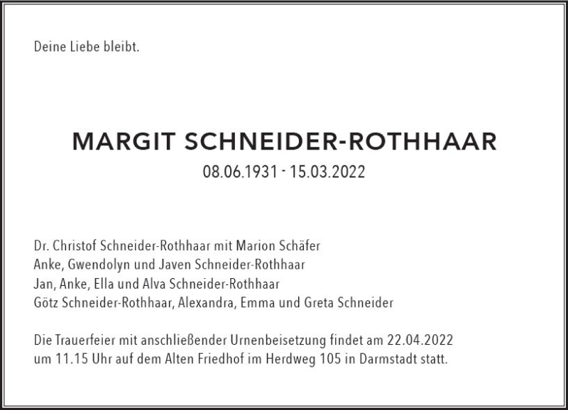  Traueranzeige für Margit Schneider-Rothhaar vom 09.04.2022 aus vrm-trauer Darmstädter Echo