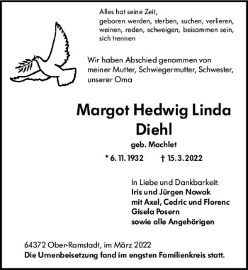 Traueranzeige von Margot Hedwig Linda Diehl von vrm-trauer Darmstädter Echo