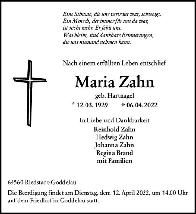  Traueranzeige für Maria Zahn vom 09.04.2022 aus vrm-trauer Groß-Gerauer Echo