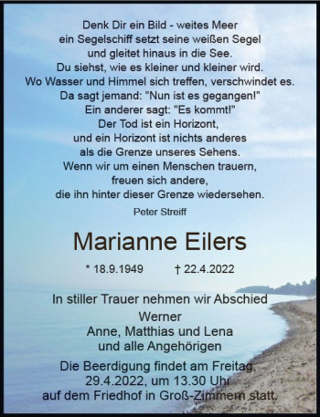 Traueranzeige von Marianne Eilers von vrm-trauer DieburgerAnzeiger/Groß-Zimmerner Lokala