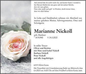 Traueranzeige von Marianne Nickoll von vrm-trauer Groß-Gerauer Echo