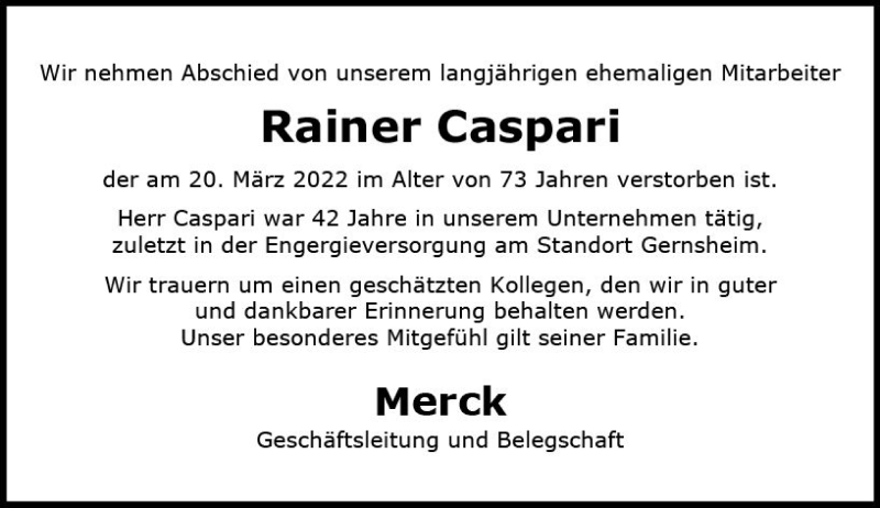  Traueranzeige für Rainer Caspari vom 05.04.2022 aus vrm-trauer Darmstädter Echo