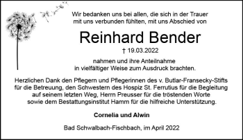 Traueranzeige von Reinhard Bender von vrm-trauer Wiesbadener Kurier
