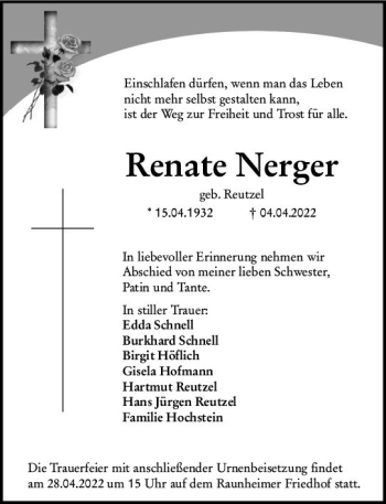 Traueranzeige von Renate Nerger von vrm-trauer Rüsselsheimer Echo / MainSpitze