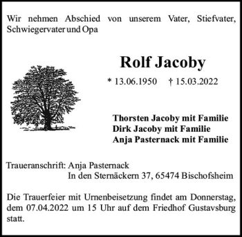 Traueranzeige von Rolf Jacoby von vrm-trauer Rüsselsheimer Echo / MainSpitze