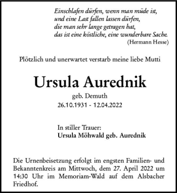 Traueranzeige von Ursula Aurednik von vrm-trauer Darmstädter Echo